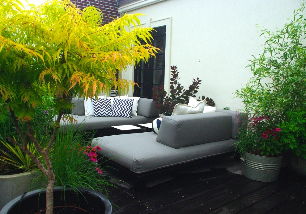Imagen de jardín actual en azotea con jardín de macetas, exposición total al sol y entablado