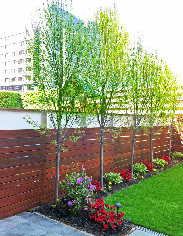 Halbschattiger Moderner Garten im Frühling, hinter dem Haus mit Natursteinplatten in New York
