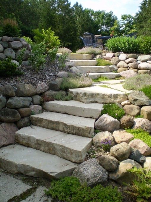 Design ideas for a mid-sized traditional full sun backyard brick landscaping in Milwaukee.