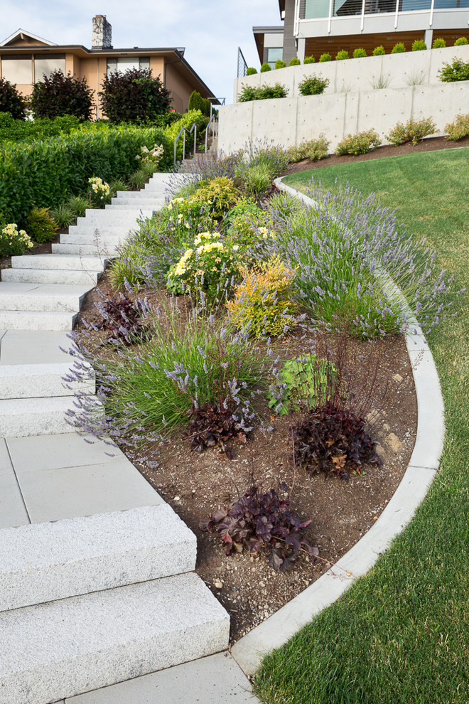 Inspiration for a large modern front full sun garden in Seattle with a retaining wall and concrete paving.