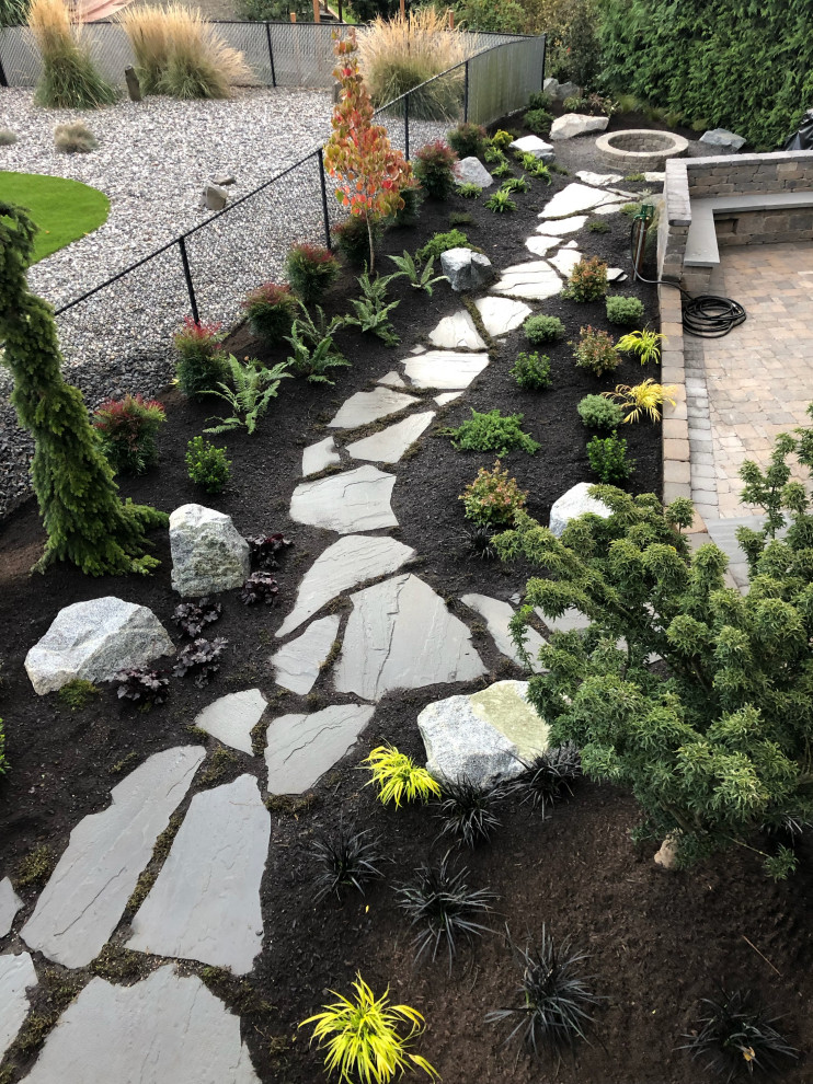 Inspiration for a large traditional partial sun backyard stone landscaping in Seattle with a fire pit for fall.