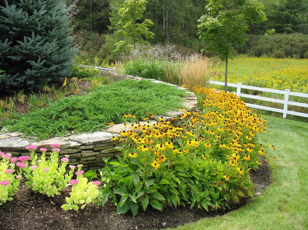 Geometrischer Klassischer Garten hinter dem Haus mit direkter Sonneneinstrahlung und Blumenbeet in Burlington