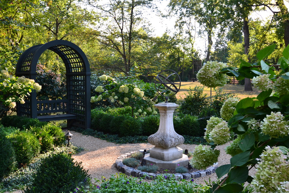 Стильный дизайн: регулярный сад на заднем дворе в классическом стиле с покрытием из гравия, садовой дорожкой или калиткой и полуденной тенью - последний тренд