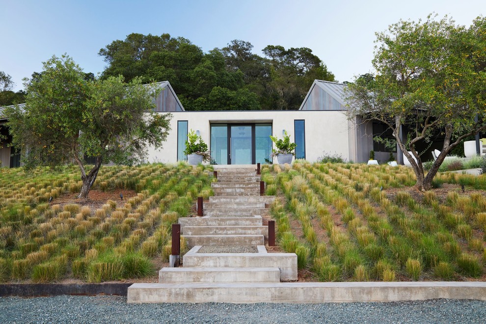 Ispirazione per un grande giardino country dietro casa con pavimentazioni in cemento e scale