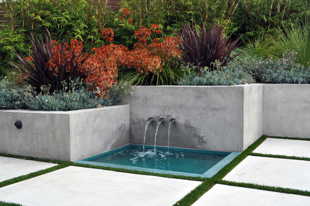 Cette image montre un jardin latéral design avec un point d'eau, une exposition ensoleillée et des pavés en béton.