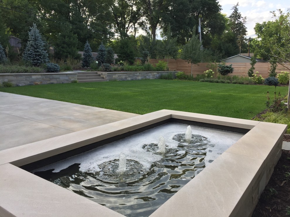 Inspiration pour un jardin arrière minimaliste avec un point d'eau, une exposition ensoleillée et des pavés en pierre naturelle.