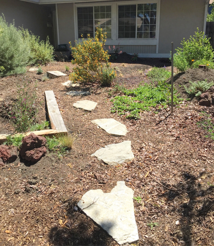 Modelo de jardín clásico de tamaño medio en patio delantero con exposición total al sol y adoquines de piedra natural