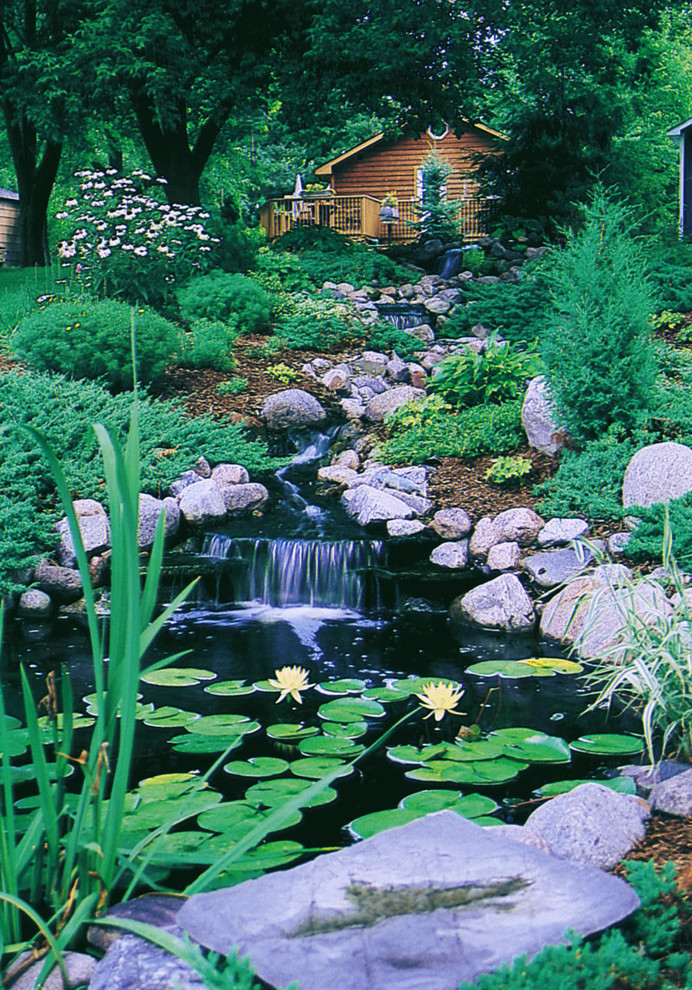 Cette image montre un jardin traditionnel avec une cascade.