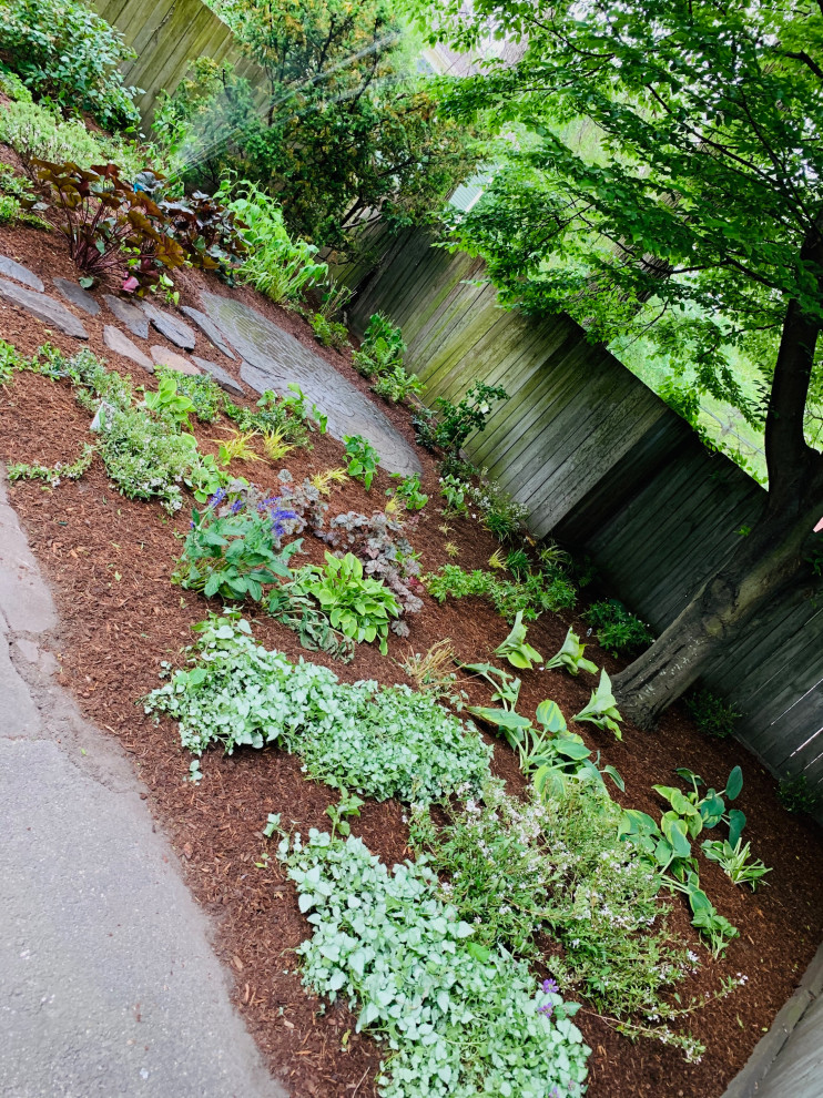 Inredning av en eklektisk liten trädgård i delvis sol på sommaren, med en trädgårdsgång och marksten i betong