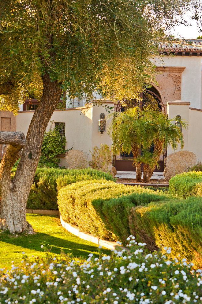 Foto di un grande giardino formale mediterraneo esposto a mezz'ombra davanti casa con un ingresso o sentiero e pavimentazioni in pietra naturale