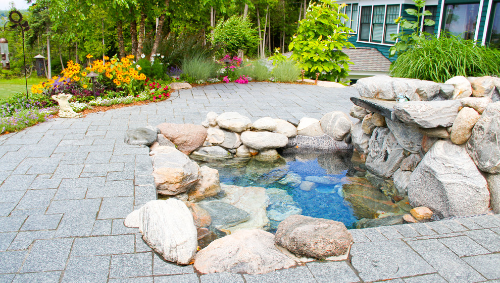 Ispirazione per un grande laghetto da giardino tropicale esposto in pieno sole dietro casa con pavimentazioni in pietra naturale