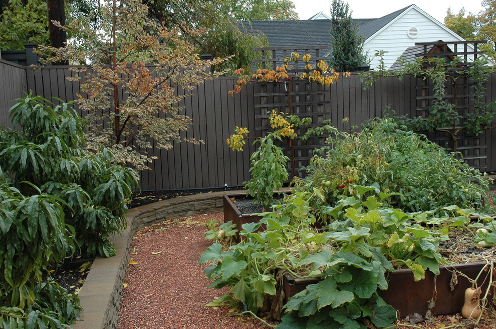 Imagen de jardín de secano clásico pequeño en otoño en patio trasero con exposición total al sol y huerto