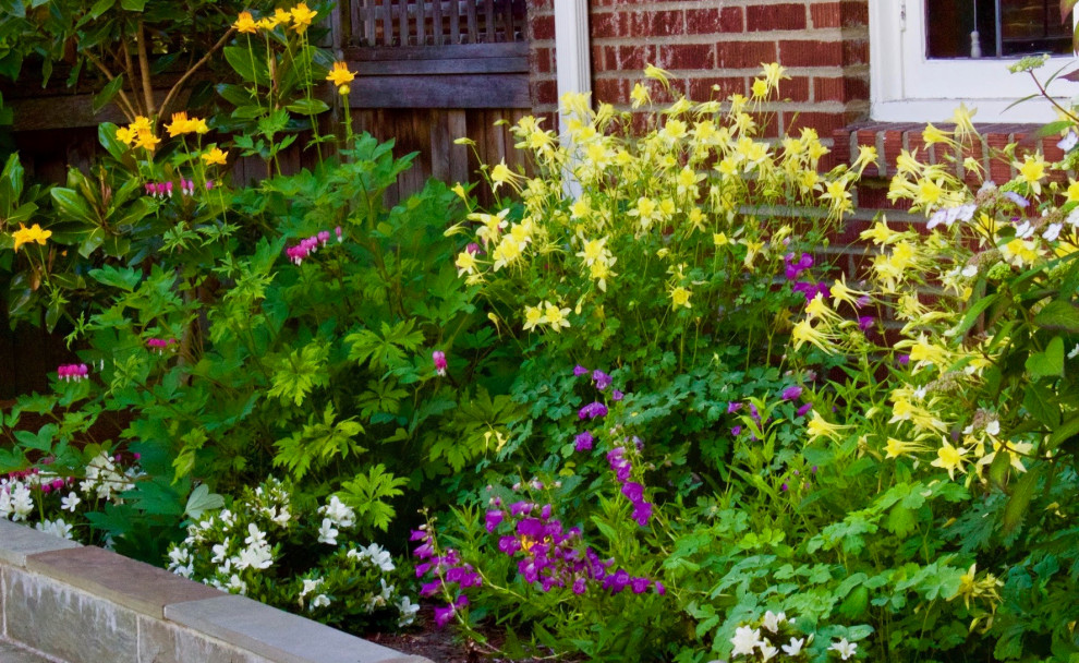 Geometrischer, Kleiner, Halbschattiger Klassischer Gartenkamin im Sommer, hinter dem Haus mit Natursteinplatten in Seattle