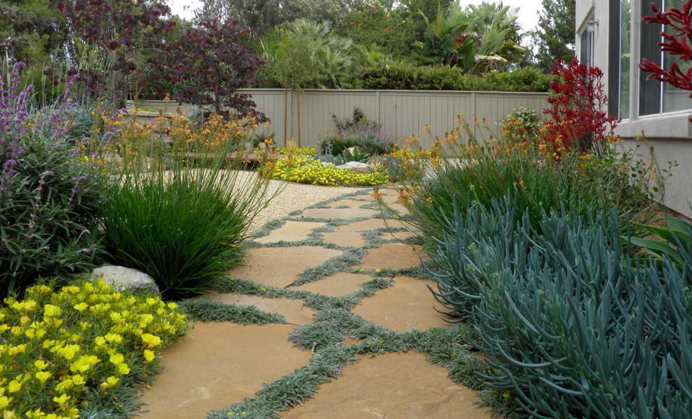 Foto di un giardino xeriscape contemporaneo esposto in pieno sole di medie dimensioni e dietro casa con pavimentazioni in pietra naturale