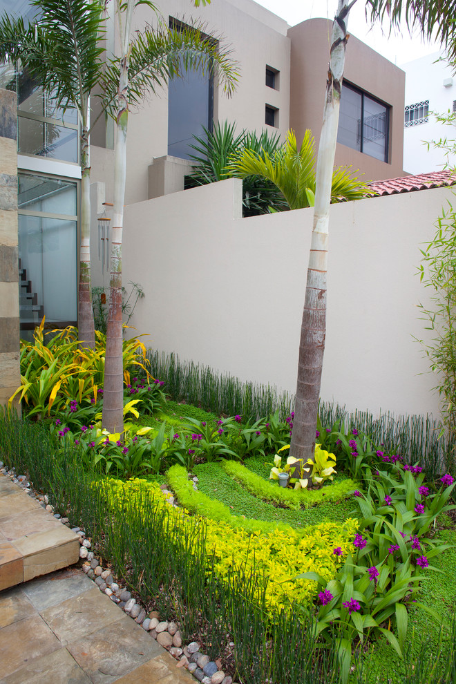 Diseño de jardín exótico en patio delantero con exposición parcial al sol y parterre de flores