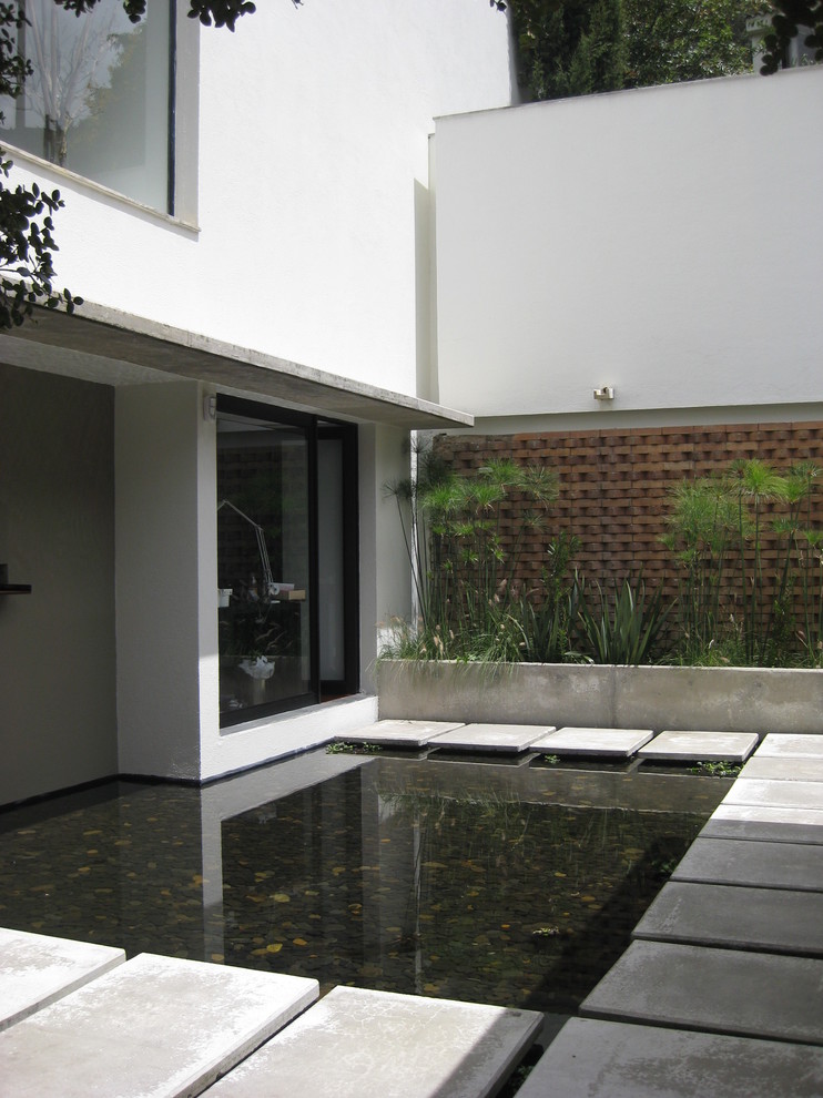 Design ideas for a modern garden in Other with a water feature.