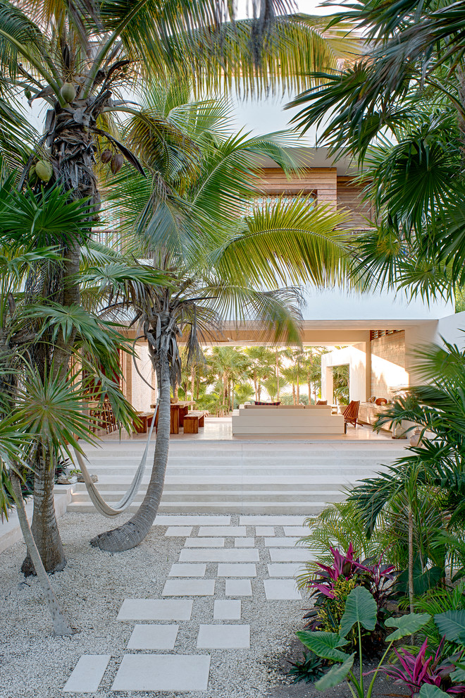 Idee per un giardino tropicale in ombra in cortile in estate con un ingresso o sentiero e ghiaia