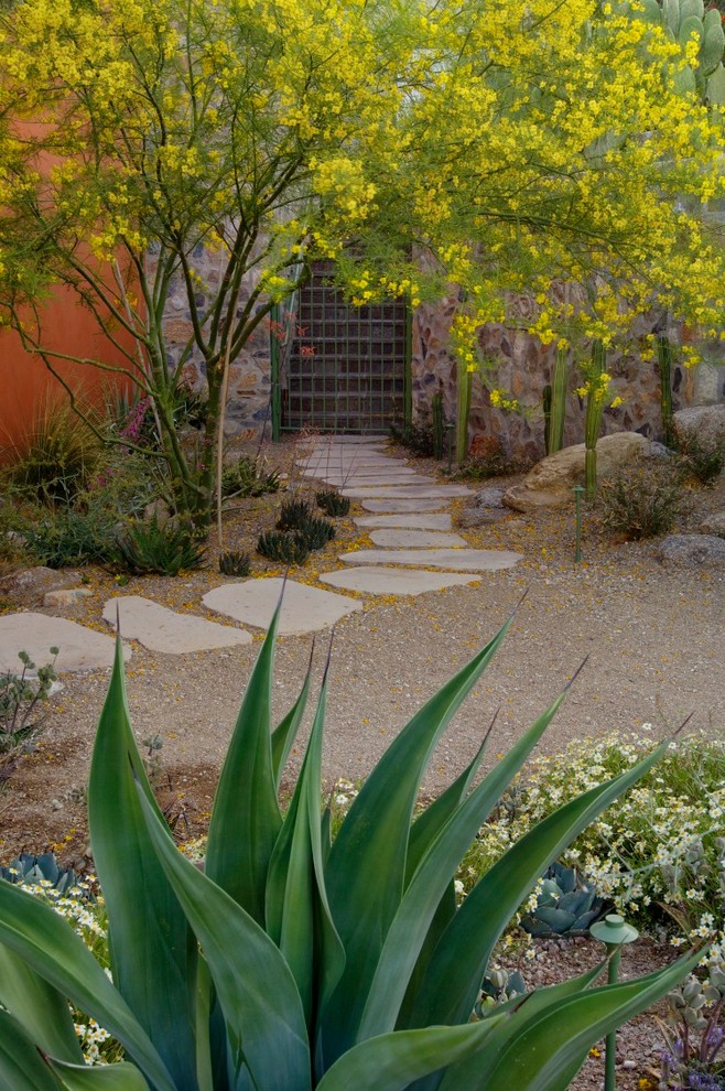 Источник вдохновения для домашнего уюта: солнечный, летний засухоустойчивый сад среднего размера на внутреннем дворе в стиле фьюжн с садовой дорожкой или калиткой, хорошей освещенностью и покрытием из каменной брусчатки