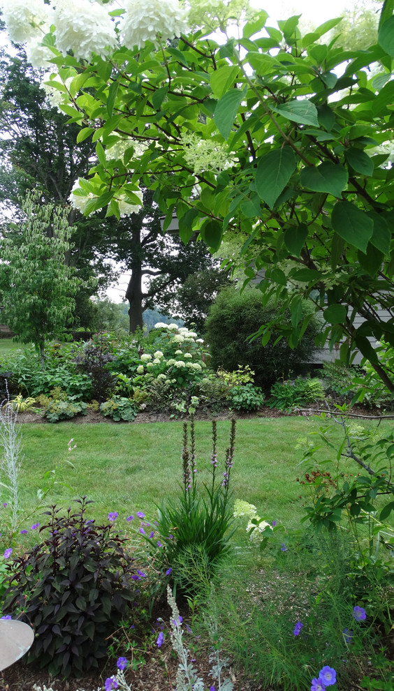 На фото: маленький летний участок и сад на переднем дворе в стиле кантри с подъездной дорогой, садовой дорожкой или калиткой и полуденной тенью для на участке и в саду
