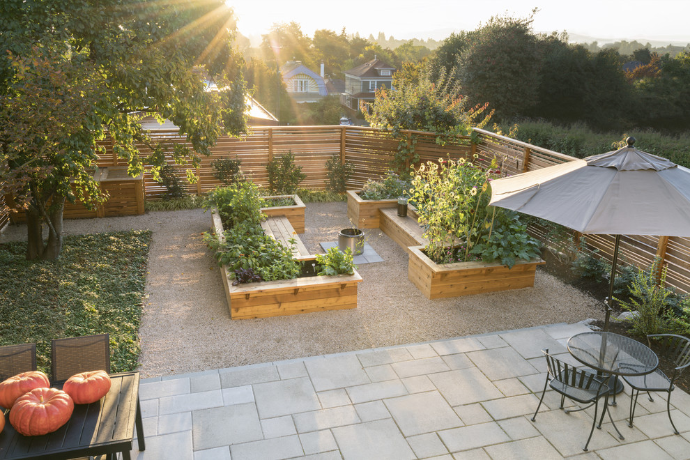 На фото: солнечный огород на участке среднего размера на заднем дворе в стиле неоклассика (современная классика) с хорошей освещенностью и покрытием из гравия