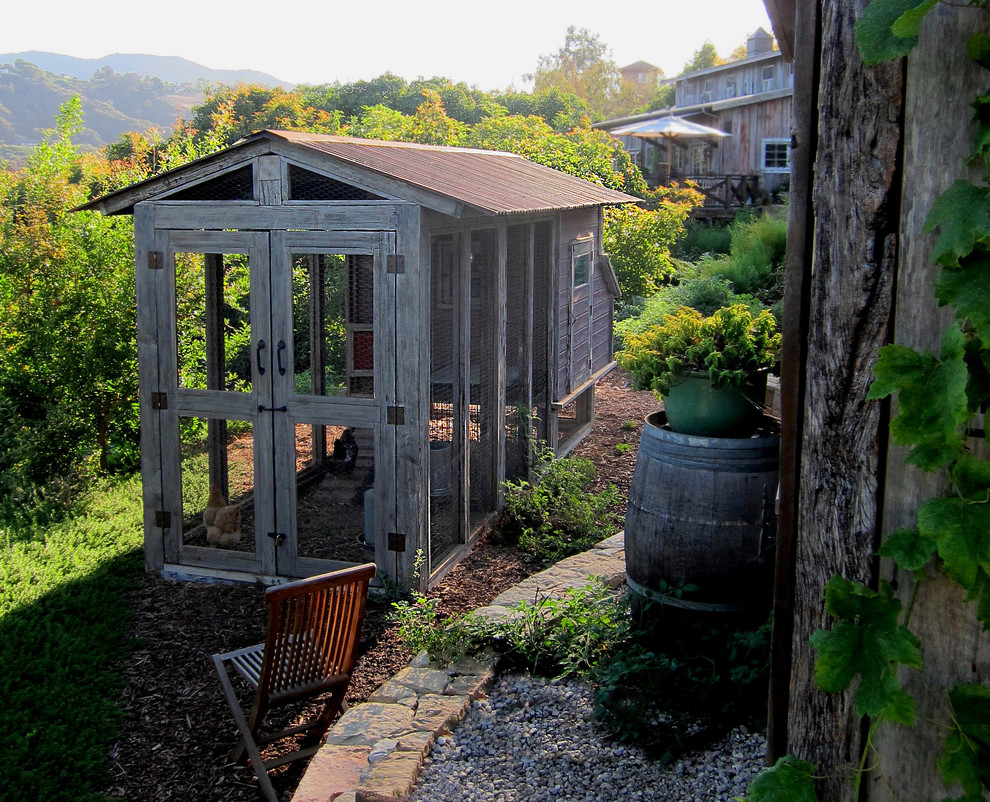 Diseño de jardín de estilo de casa de campo pequeño en primavera en patio trasero con huerto, exposición total al sol y mantillo