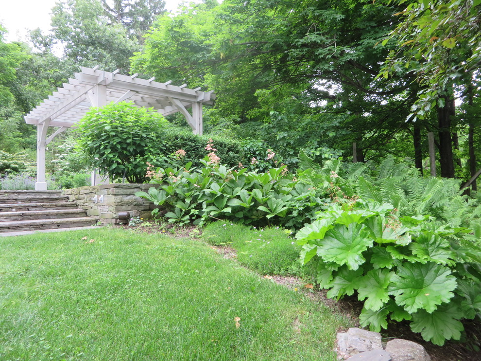 Exemple d'un grand jardin arrière chic au printemps avec une exposition ombragée et des pavés en pierre naturelle.