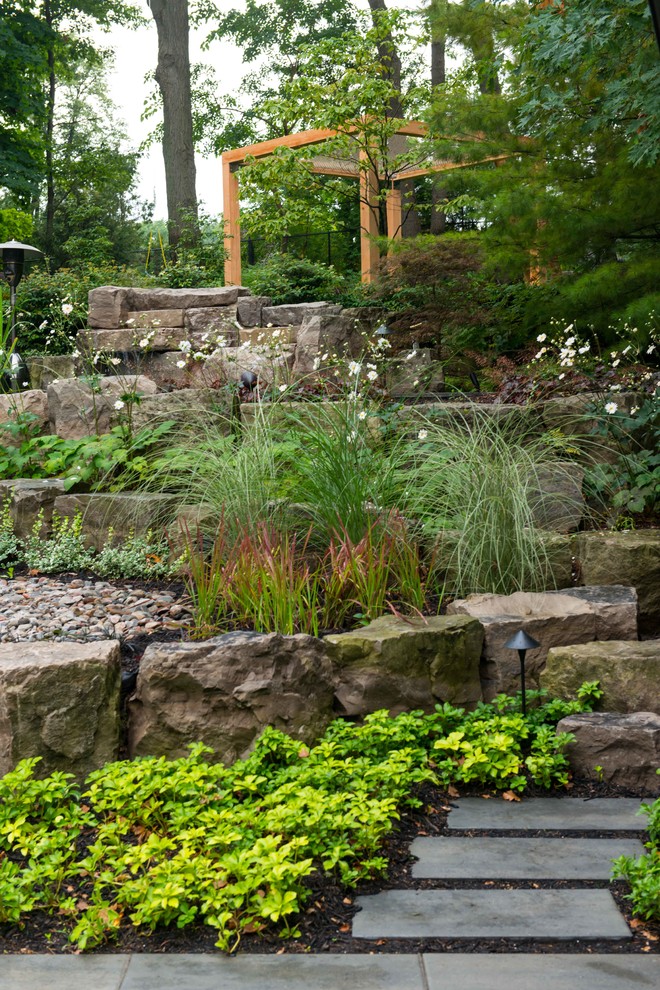 Foto di un grande giardino classico esposto a mezz'ombra dietro casa con fontane e pavimentazioni in pietra naturale