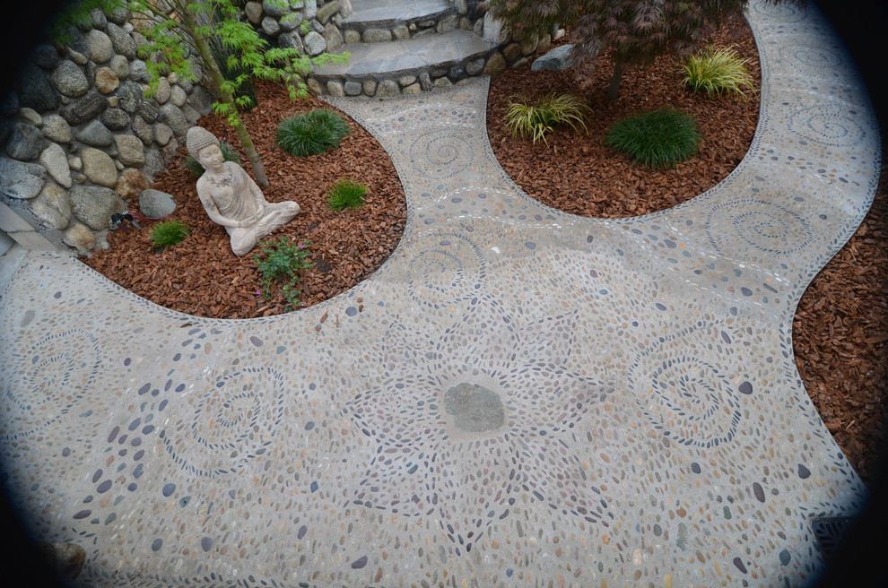 Ispirazione per un piccolo giardino etnico esposto a mezz'ombra dietro casa in primavera con un focolare e pavimentazioni in pietra naturale