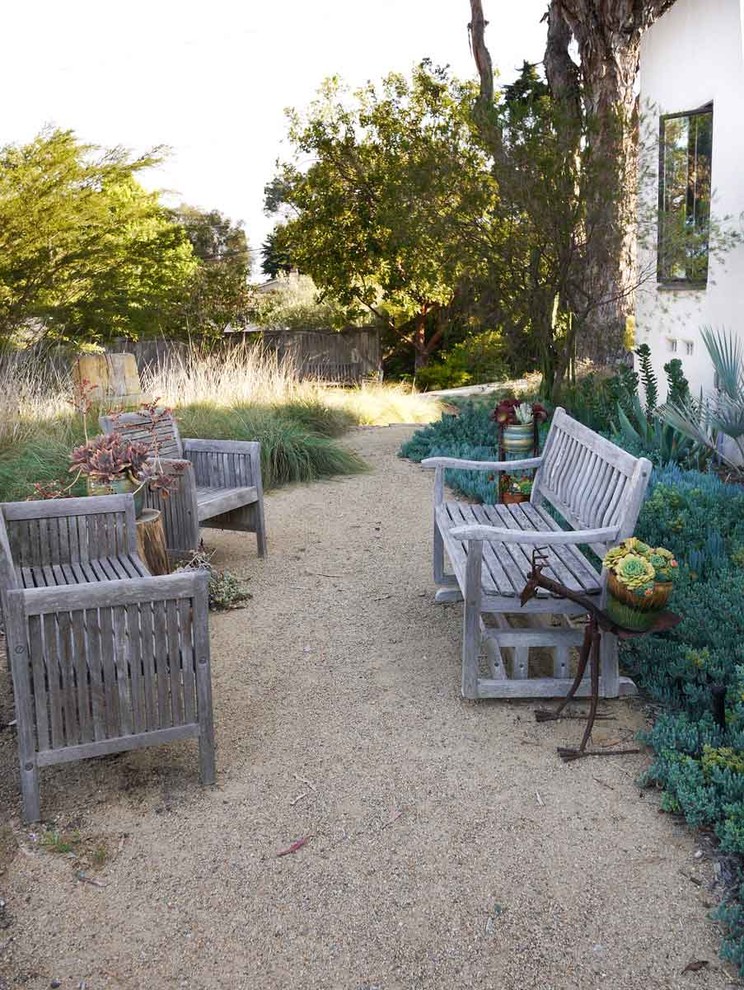 Ispirazione per un giardino xeriscape mediterraneo esposto in pieno sole davanti casa con un ingresso o sentiero e ghiaia