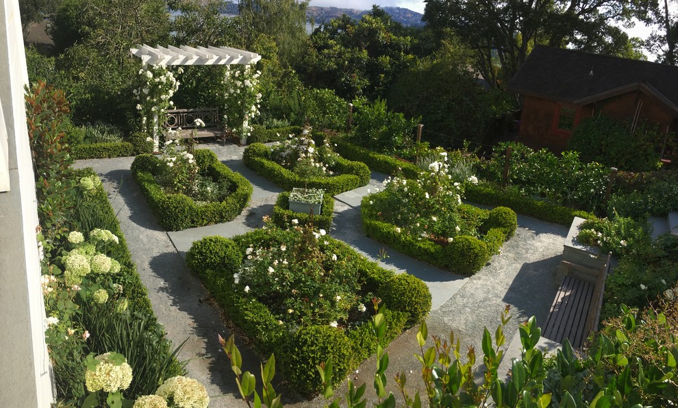 Ispirazione per un giardino formale vittoriano esposto in pieno sole di medie dimensioni e dietro casa con ghiaia