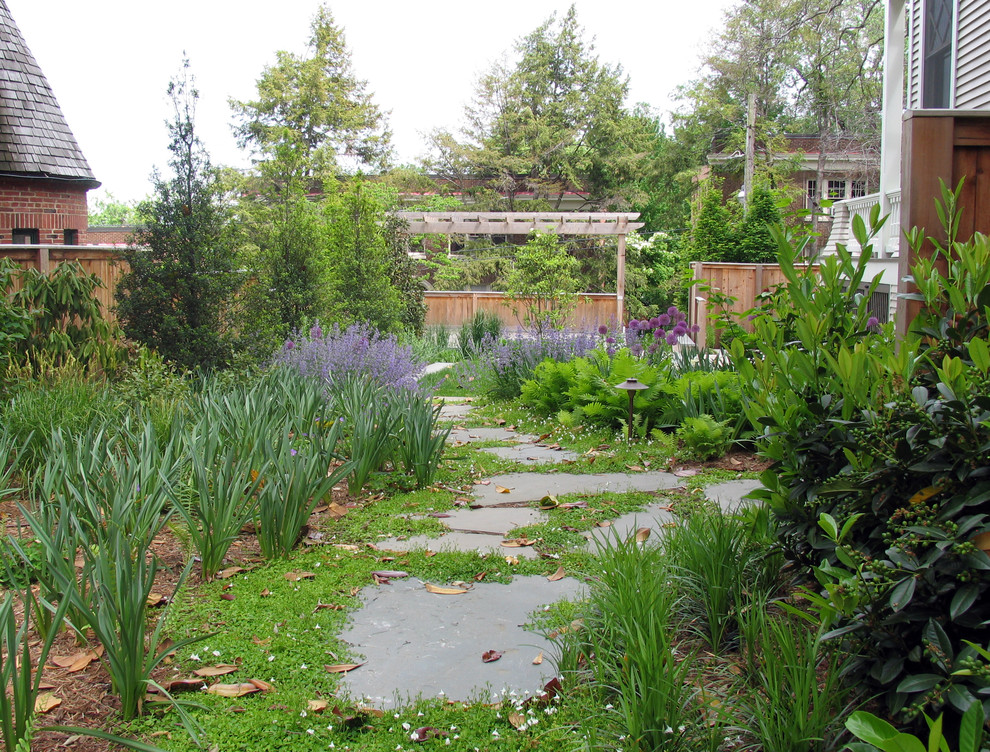 Cette image montre un jardin arrière traditionnel avec des pavés en pierre naturelle.