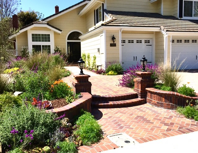 Modelo de camino de jardín de secano clásico de tamaño medio en verano en patio delantero con exposición total al sol y adoquines de ladrillo
