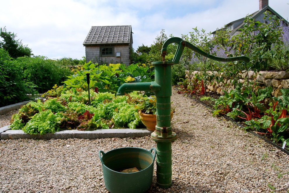 Diseño de jardín de estilo de casa de campo de tamaño medio en patio trasero con jardín de macetas, exposición total al sol, gravilla y jardín francés