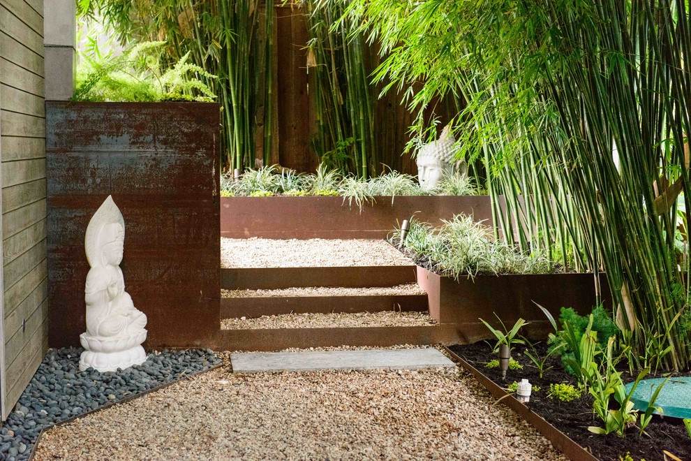 Exemple d'un jardin à la française arrière asiatique de taille moyenne et au printemps avec du gravier, une exposition ombragée et des solutions pour vis-à-vis.