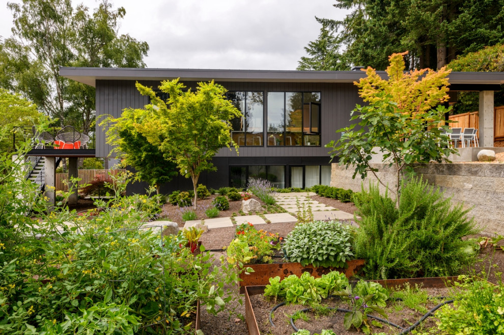Пример оригинального дизайна: огород на участке на заднем дворе в современном стиле с мощением тротуарной плиткой