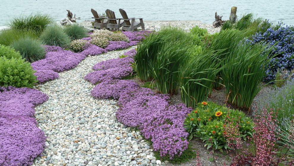 シアトルにある高級な中くらいな、夏のトラディショナルスタイルのおしゃれな前庭 (庭への小道、日向、砂利舗装) の写真