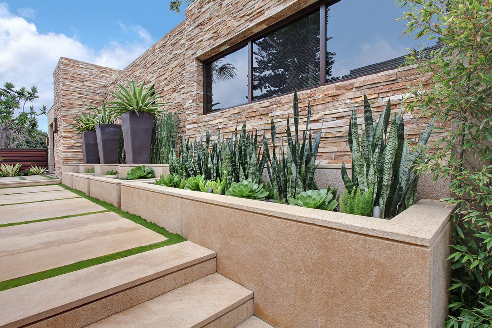 Großer Moderner Garten hinter dem Haus mit Kübelpflanzen, direkter Sonneneinstrahlung und Betonboden in Orange County