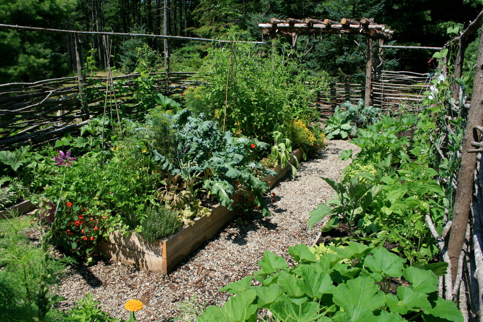 This is an example of a large rustic back formal full sun garden in Portland Maine with a vegetable patch and gravel.