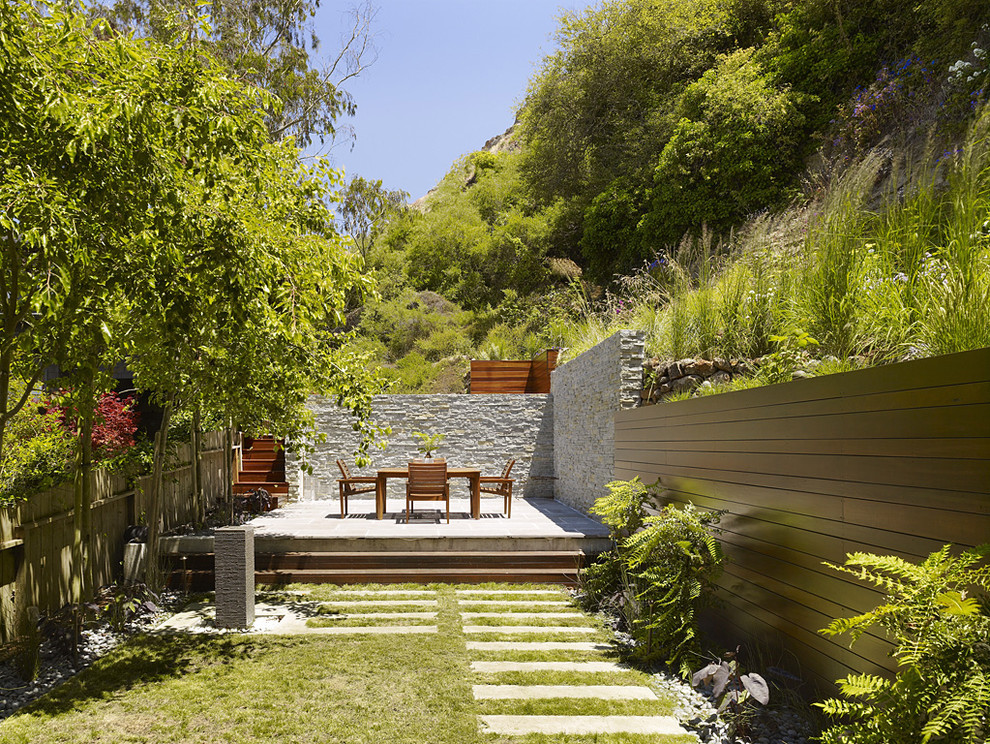 Стильный дизайн: участок и сад в стиле модернизм с подпорной стенкой - последний тренд