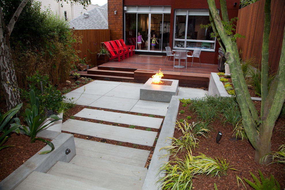 Идея дизайна: засухоустойчивый сад среднего размера на заднем дворе в стиле модернизм с полуденной тенью и настилом