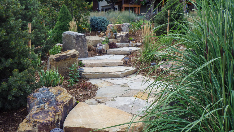 Design ideas for a mid-sized traditional partial sun backyard stone landscaping in Denver for spring.