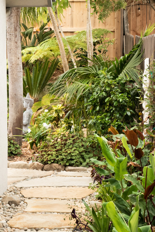 Idéer för mellanstora tropiska trädgårdar i delvis sol som tål torka, gångväg och längs med huset, med naturstensplattor