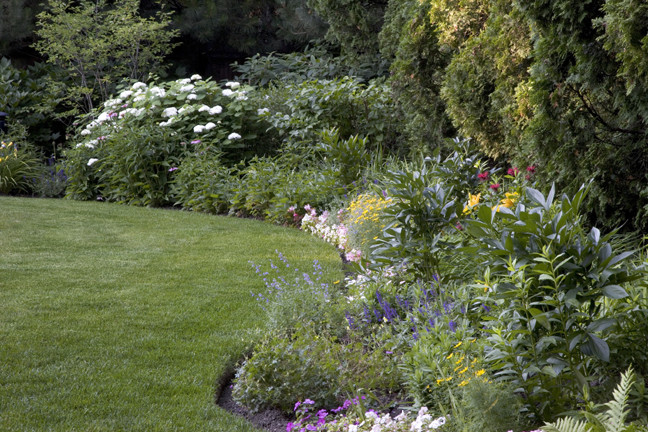 Свежая идея для дизайна: большой солнечный, летний участок и сад на заднем дворе в классическом стиле с хорошей освещенностью - отличное фото интерьера