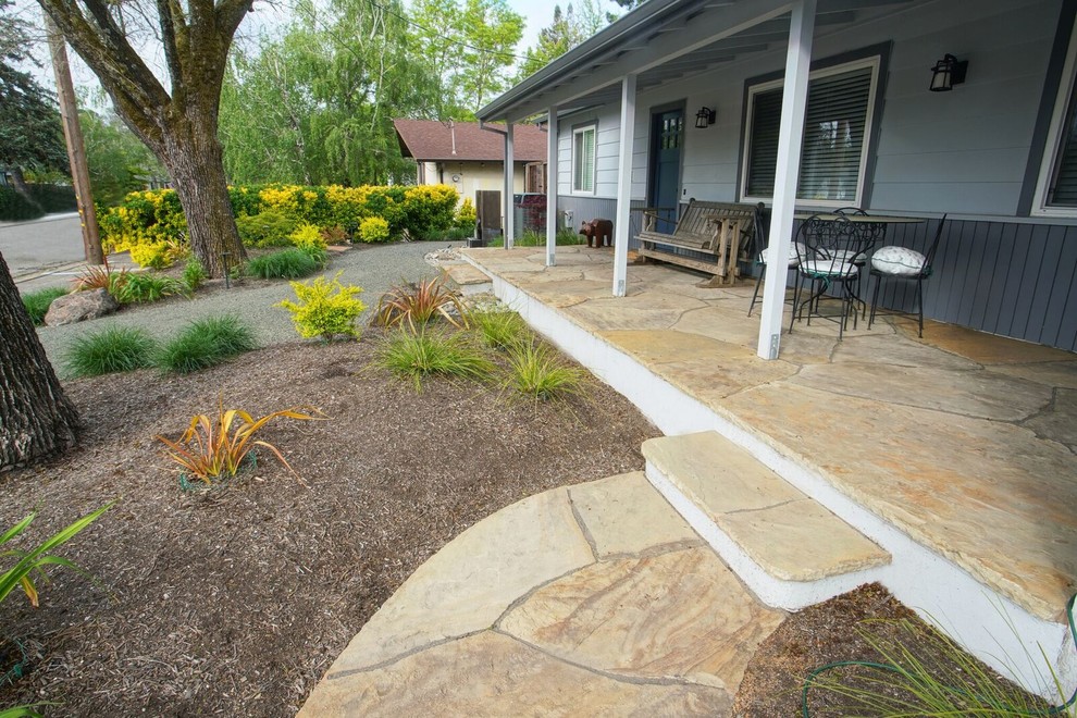 Пример оригинального дизайна: большой весенний засухоустойчивый сад на заднем дворе в стиле неоклассика (современная классика) с садовой дорожкой или калиткой, полуденной тенью и мульчированием