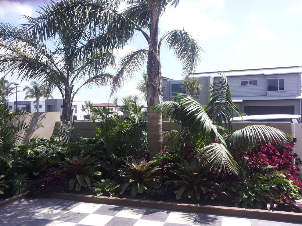 Foto på en liten tropisk trädgård i delvis sol framför huset, med marksten i betong