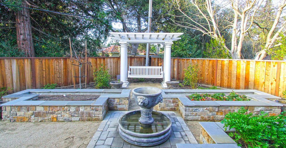 Inspiration for a medium sized traditional courtyard formal partial sun garden in San Francisco with a water feature and gravel.
