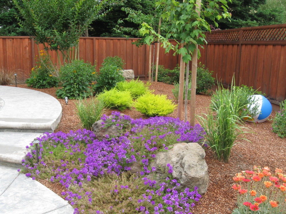 Источник вдохновения для домашнего уюта: большой регулярный сад на заднем дворе в классическом стиле с садовой дорожкой или калиткой, полуденной тенью и мощением тротуарной плиткой