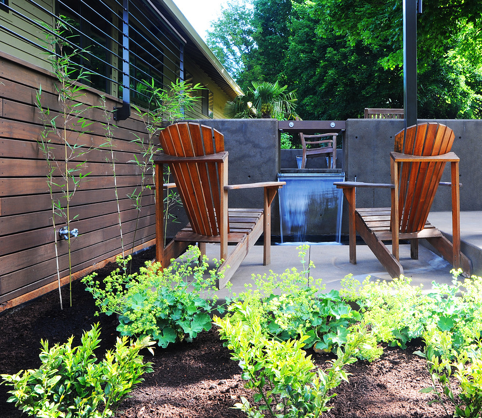 Diseño de jardín minimalista con fuente