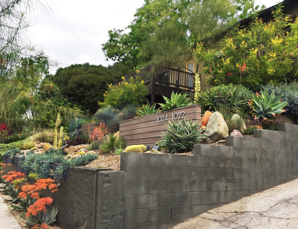 Immagine di un piccolo giardino xeriscape minimal esposto in pieno sole davanti casa con un muro di contenimento