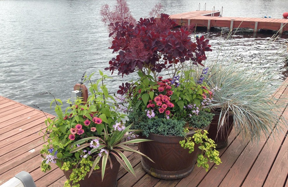 Réalisation d'un jardin en pots minimaliste l'été avec une exposition ensoleillée et une terrasse en bois.